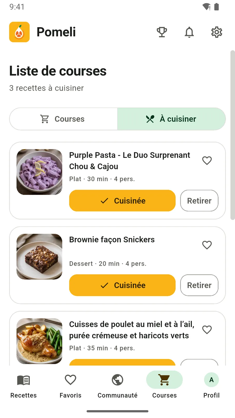 Le volet « À cuisiner » de Pomeli : trois recettes en attente, chacune avec son nombre de convives