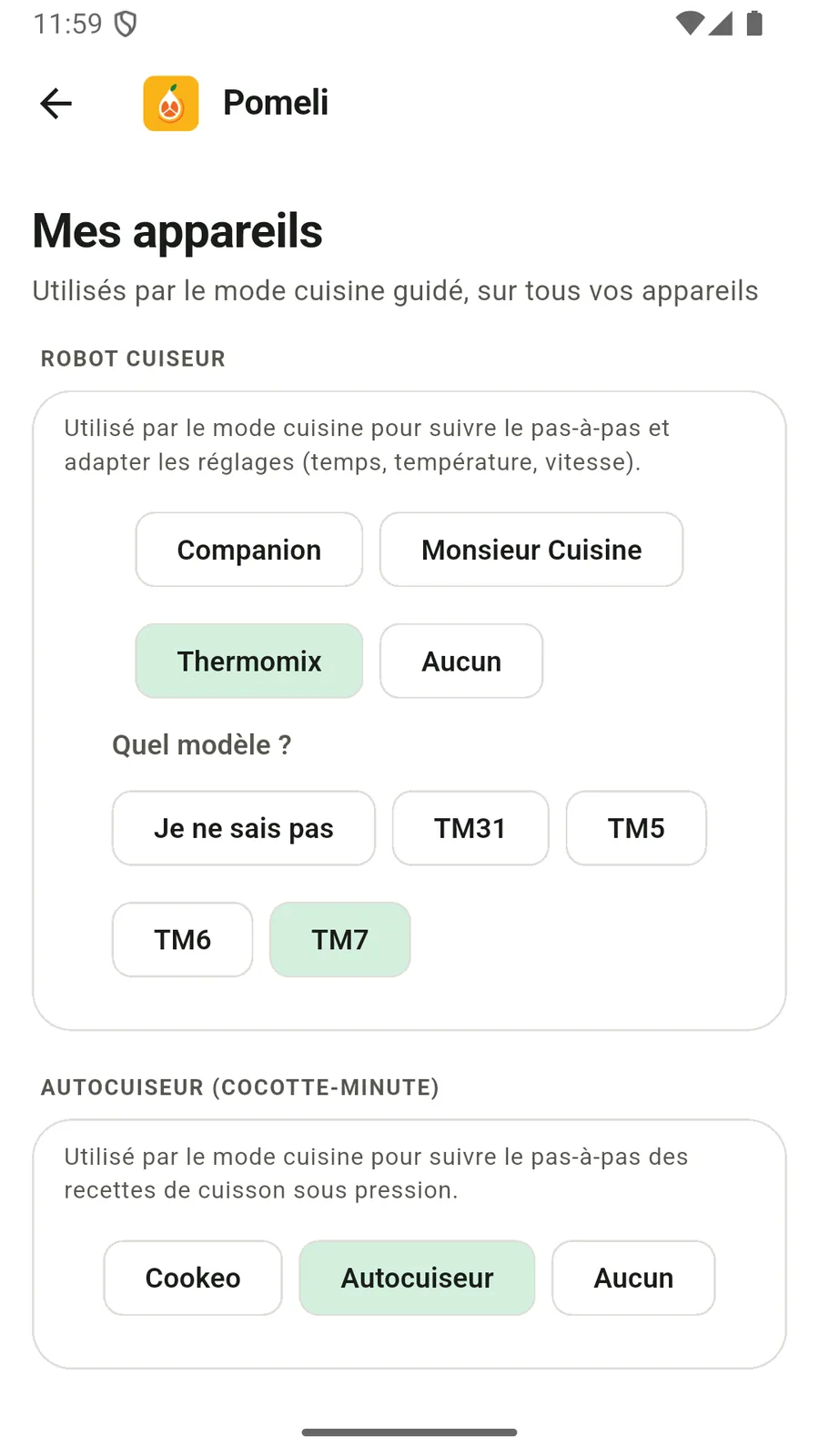 Le choix du robot et de l'autocuiseur dans les réglages de Pomeli