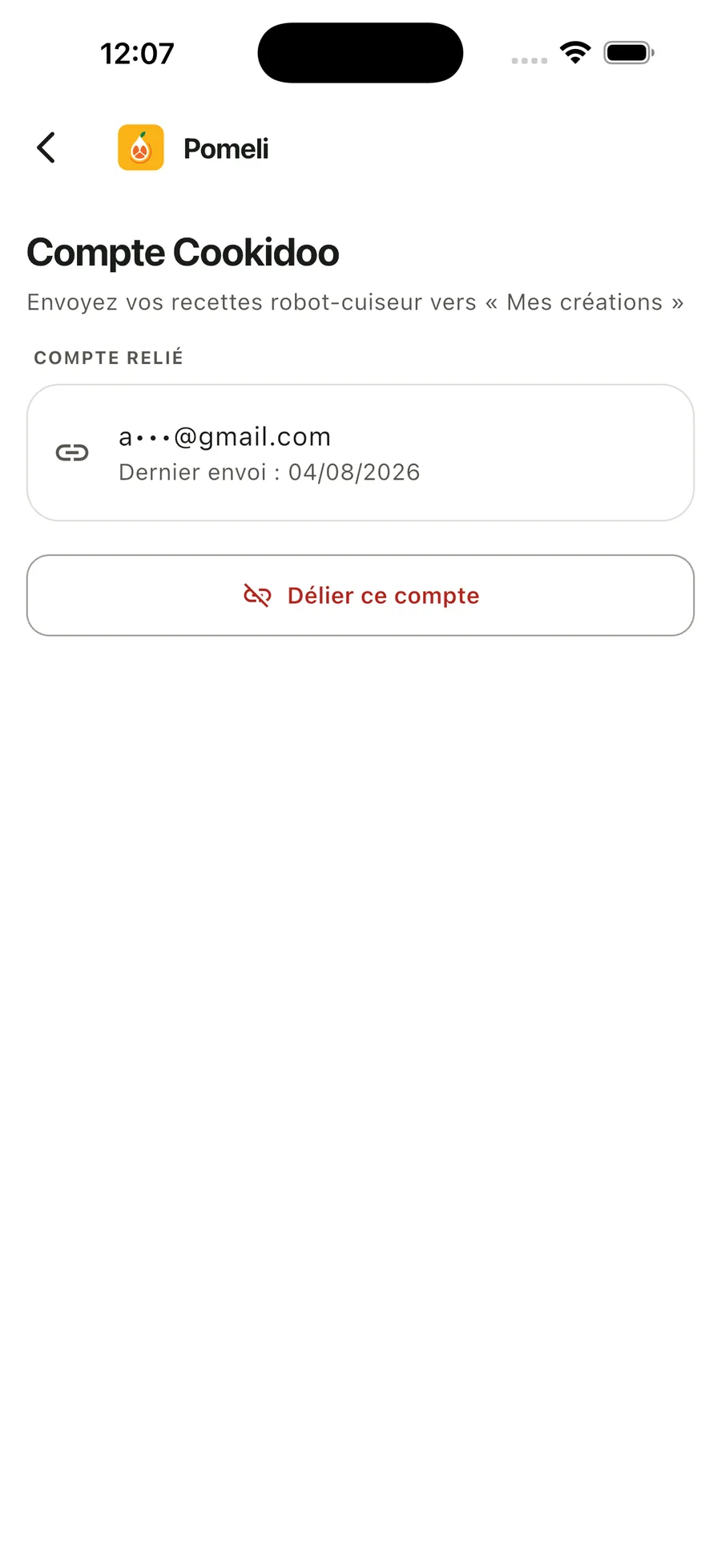 L'écran de liaison du compte Cookidoo dans Pomeli