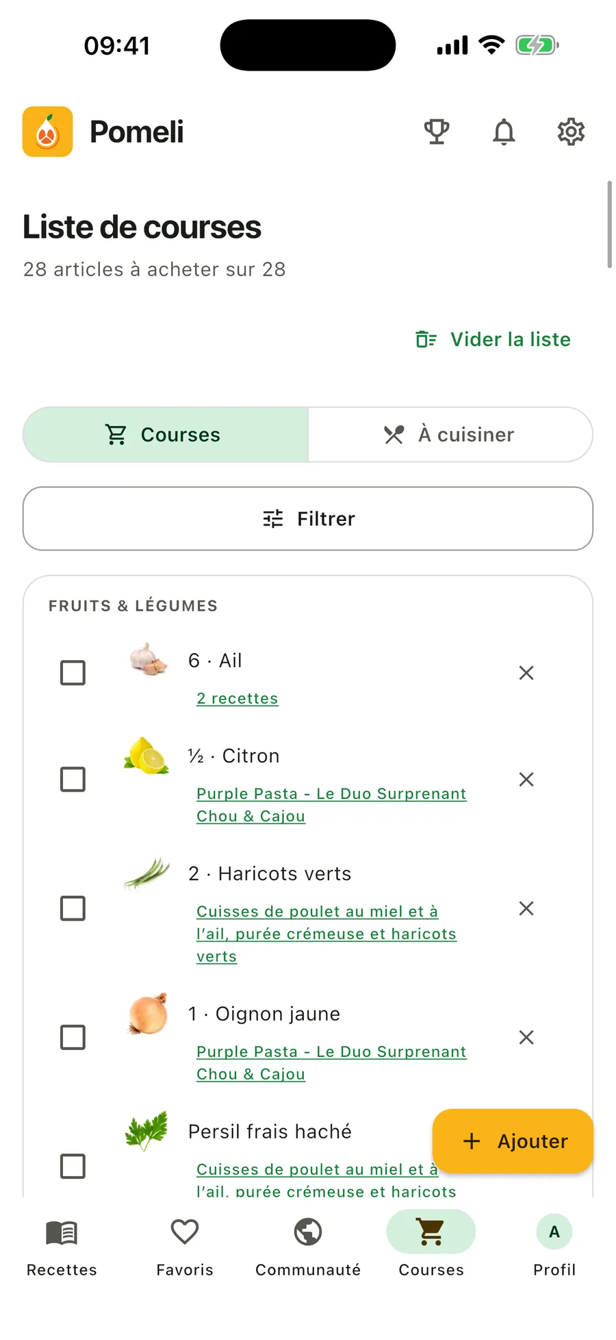La liste de courses de Pomeli, triée par rayon, une ligne portant le nombre de recettes qui l'alimentent