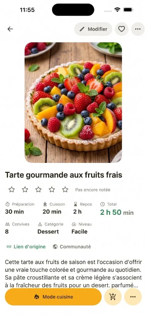 La fiche d'une tarte aux fruits dans Pomeli, avec les temps, les convives et le bouton Mode cuisine