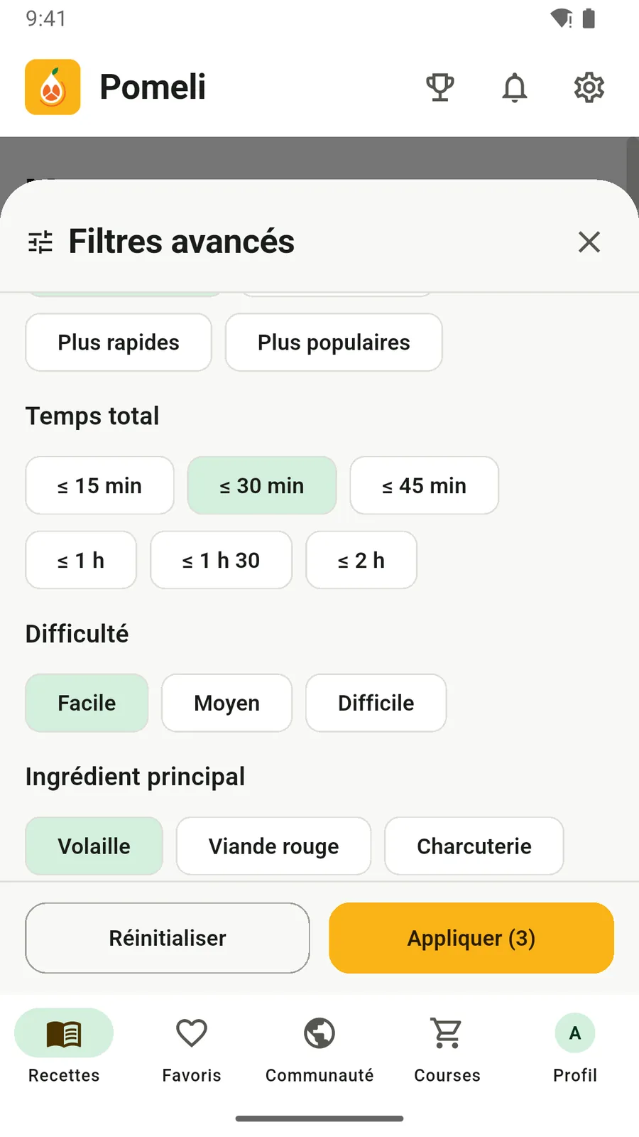 Le volet de filtres de Pomeli, trois critères actifs et le compteur qui les dénombre