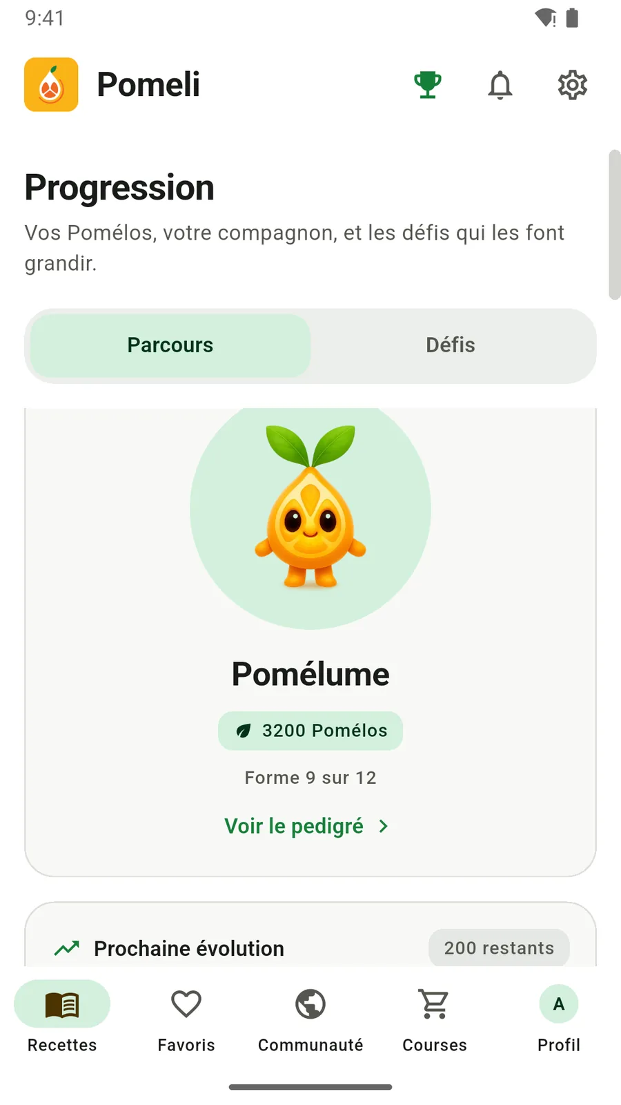 Le parcours de la créature de Pomeli : forme atteinte, total de Pomélos et nombre restant avant le palier suivant