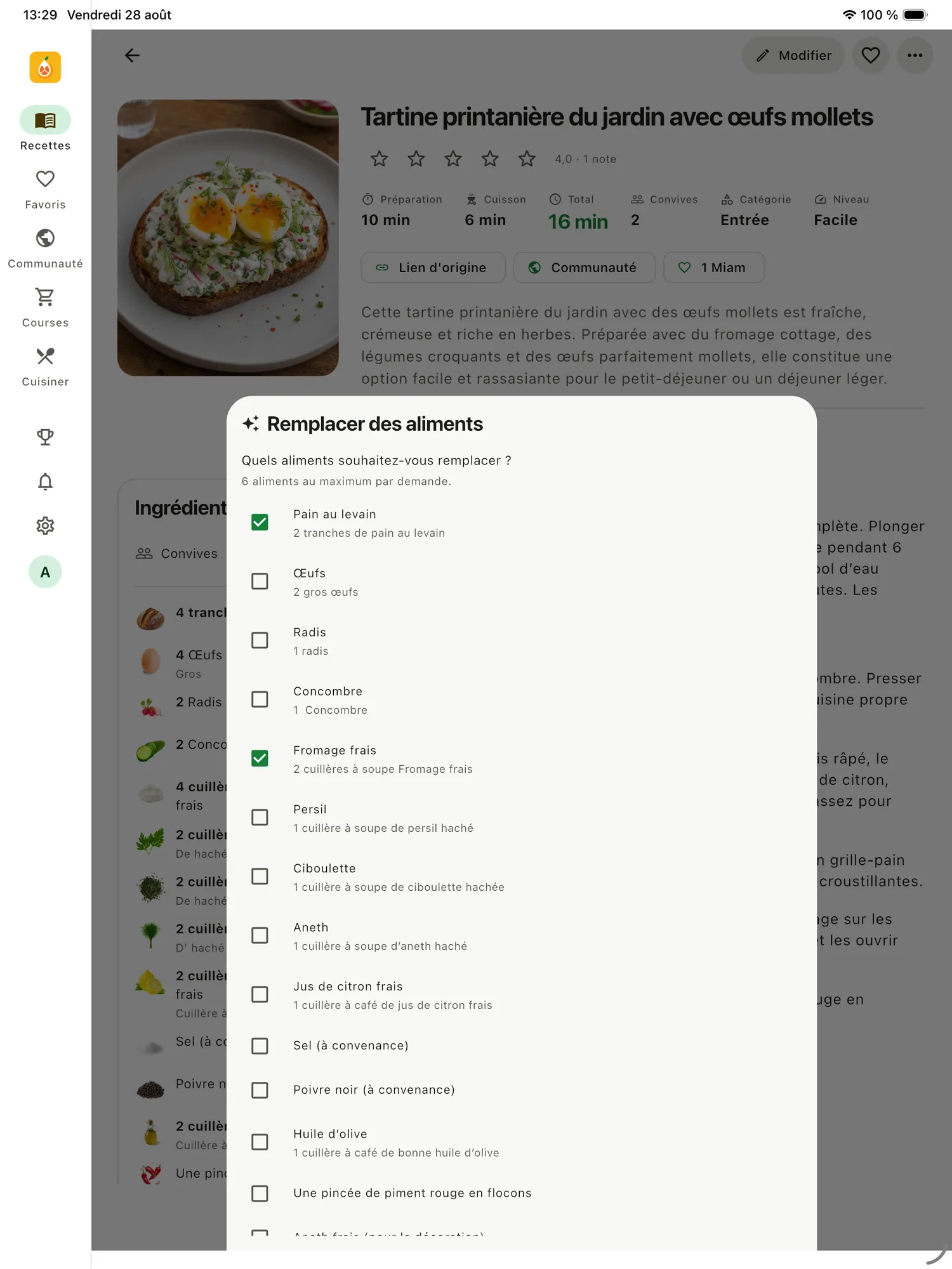 L'écran de remplacement d'aliments de Pomeli
