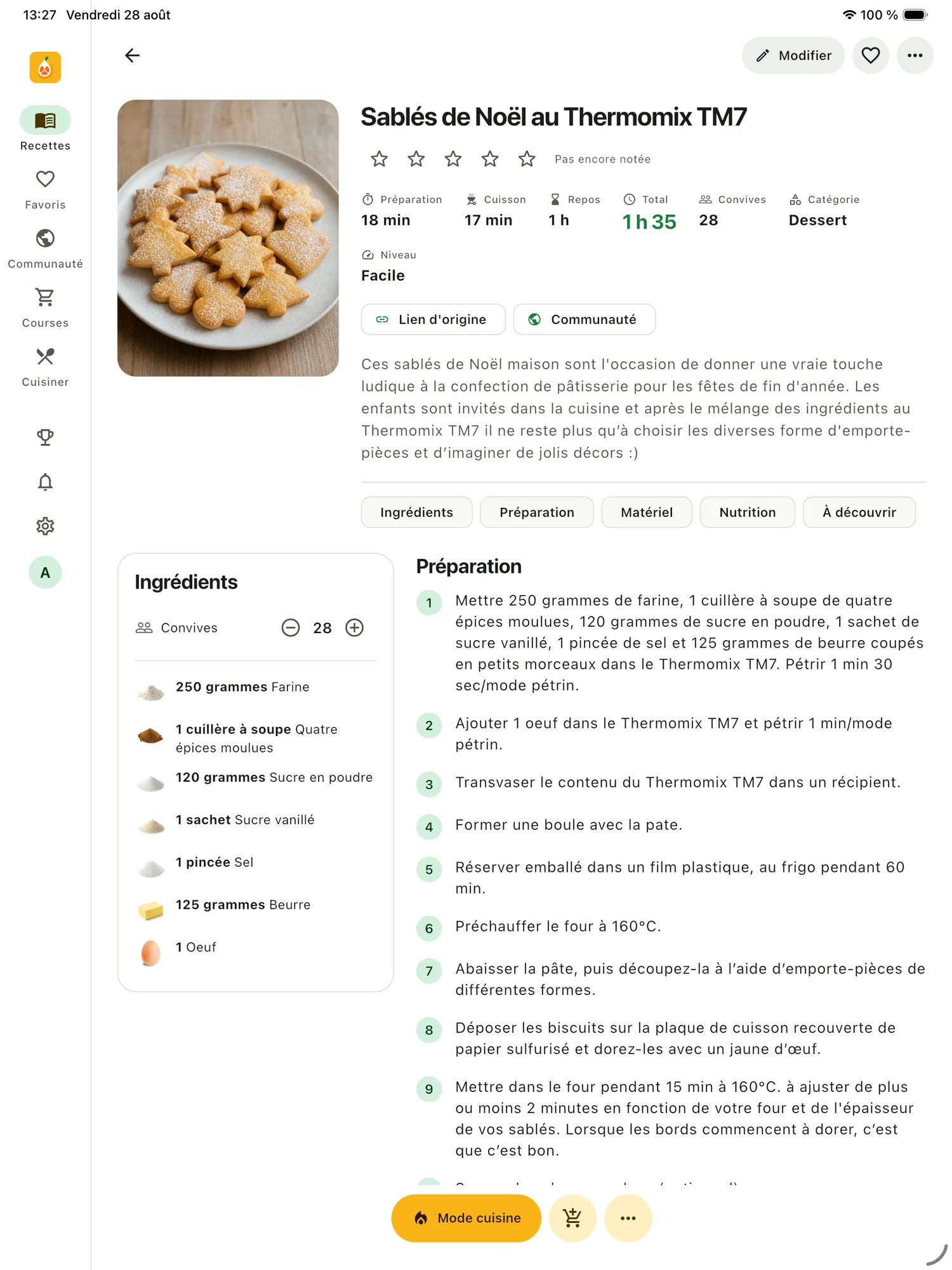 La fiche d'une tarte aux fruits dans Pomeli, avec les temps, les convives et le bouton Mode cuisine